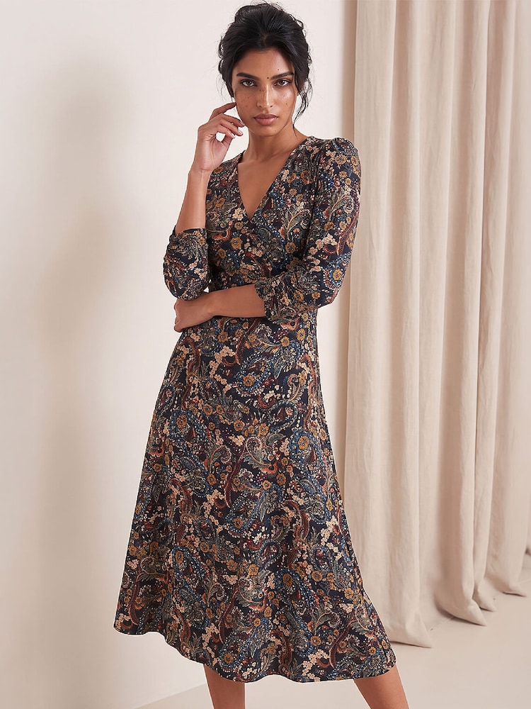 Roman Yellow Paisley Floral Midi Dress - Image 1 of 4 Roman Yellow Paisley Floral Midi Dress - Image 1 of 4