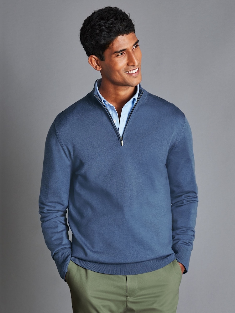 Charles Tyrwhitt Blue Pure Merino Quarter Zip Jumper - Image 1 of 3