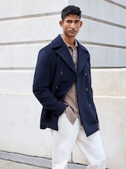 Navy Blue Soft Touch Peacoat with Wool - Image 1 of 10