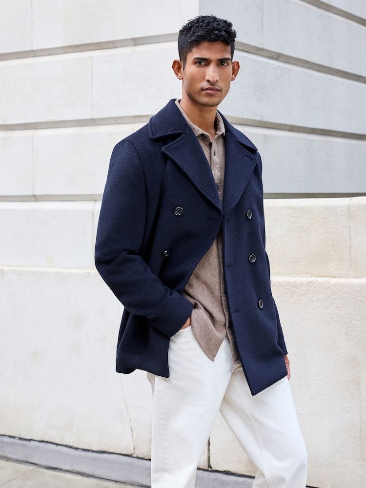 Navy Blue Soft Touch Peacoat with Wool - Image 1 of 10