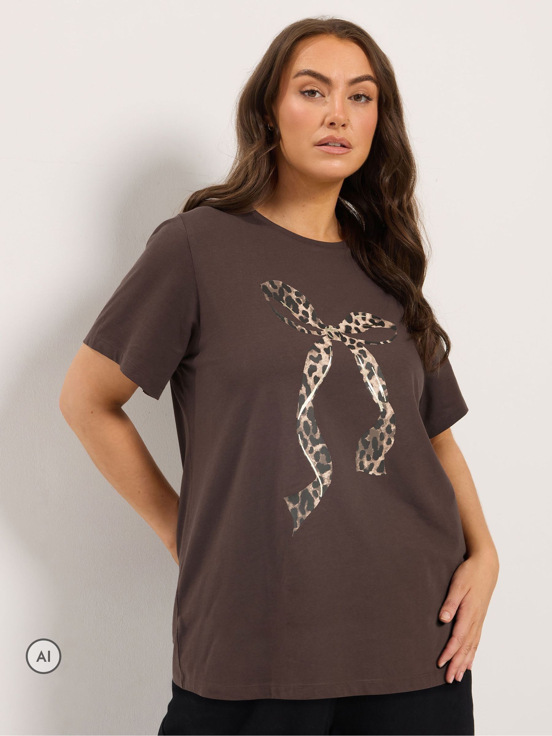 Yours Women's Chocolate Leopard Bow Cotton T-Shirt In Size 30-32 - Image 6