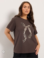 Yours Curve Brown Leopard Bow Cotton T-Shirt - Image 1 of 6