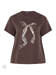 Yours Curve Brown Leopard Bow Cotton T-Shirt - Image 4 of 6