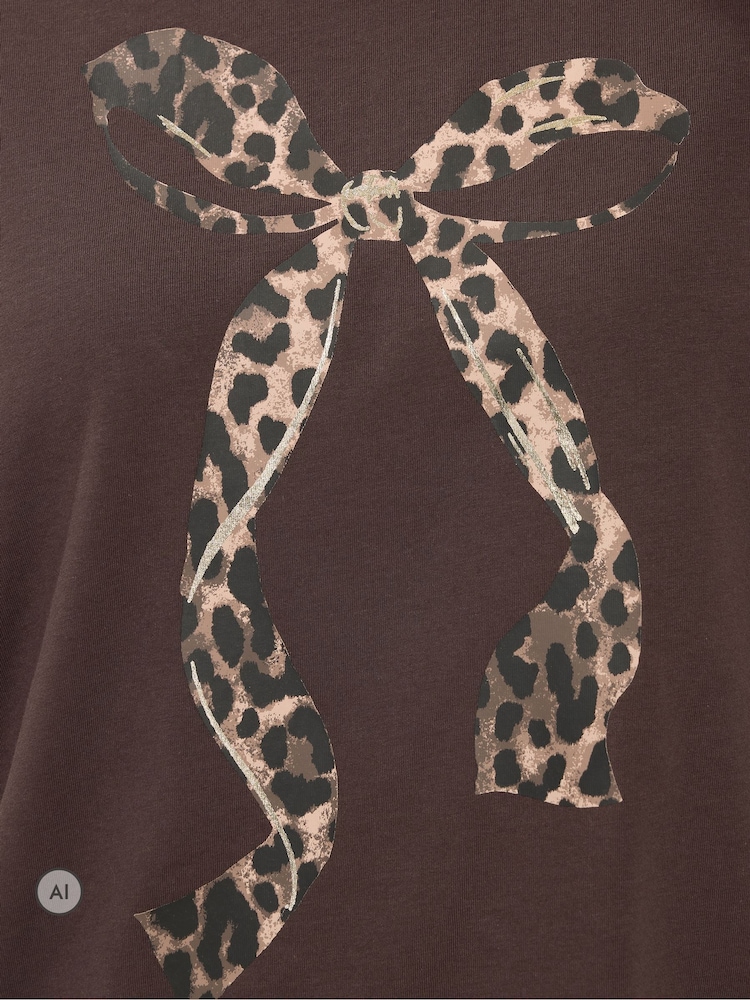 Yours Curve Brown Leopard Bow Cotton T-Shirt - Image 6 of 6