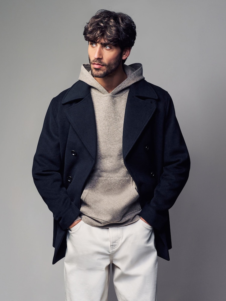 Black Soft Touch Peacoat with Wool - Image 1 of 10
