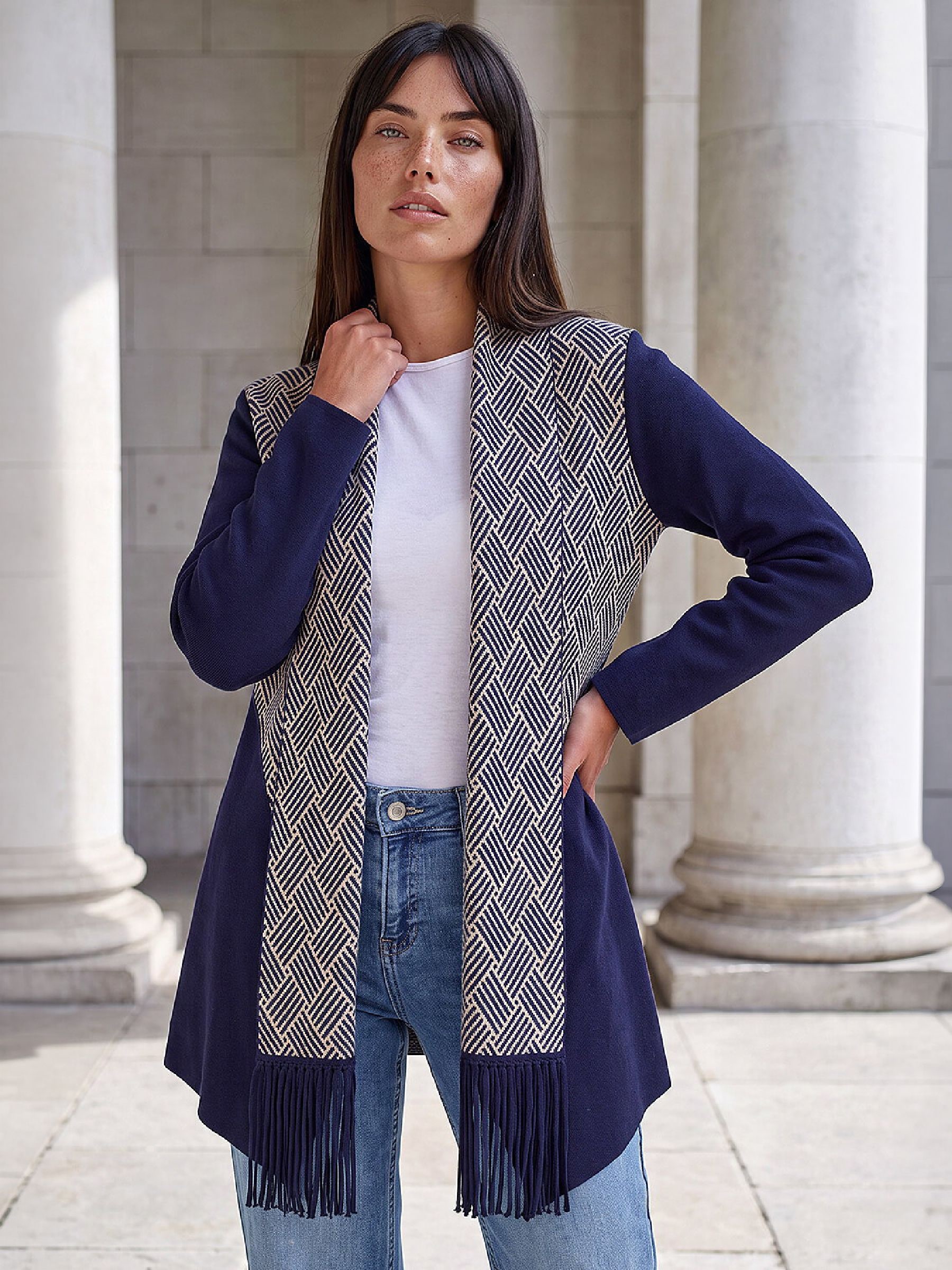 Roman Women's Navy Patterned Fringe Cardigan In | : Size 16 - Image 2