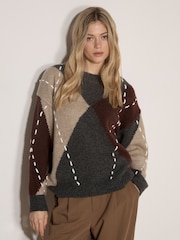 Apricot Grey Argyle Diamond Colour Block Jumper - Image 1 of 4
