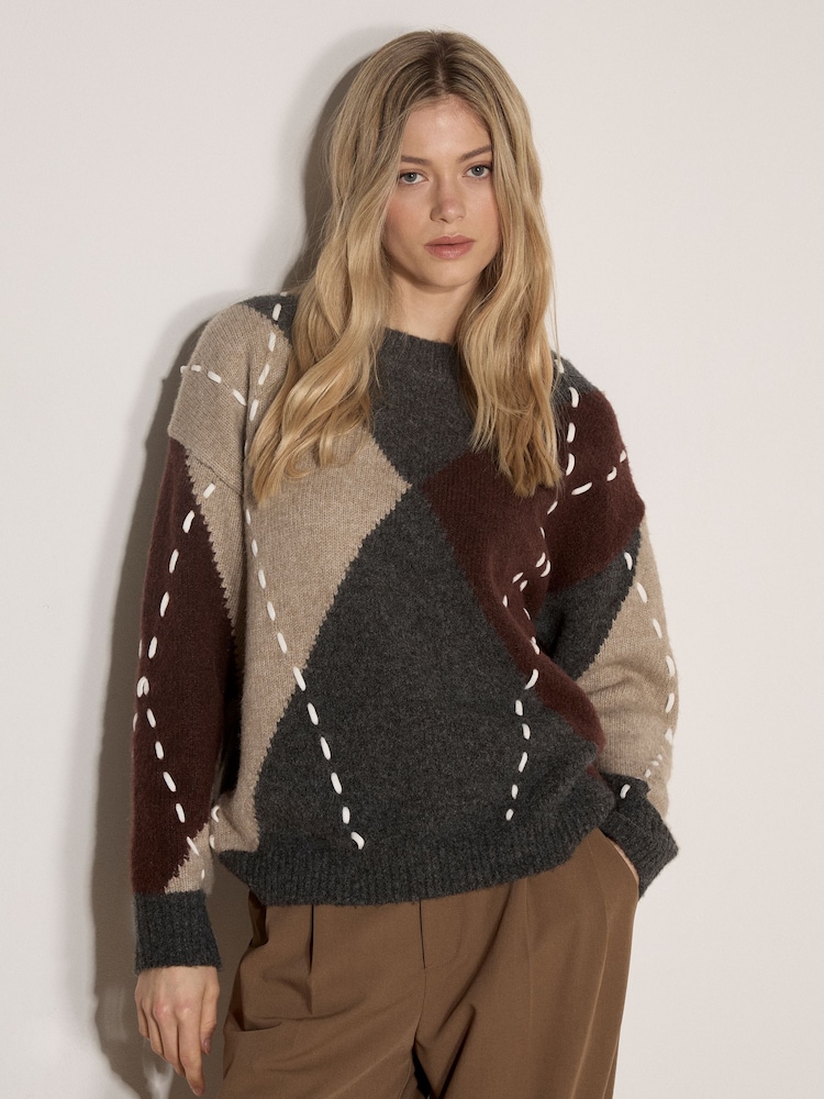 Apricot Grey Argyle Diamond Colour Block Jumper - Image 1 of 4 Apricot Grey Argyle Diamond Colour Block Jumper - Image 1 of 4