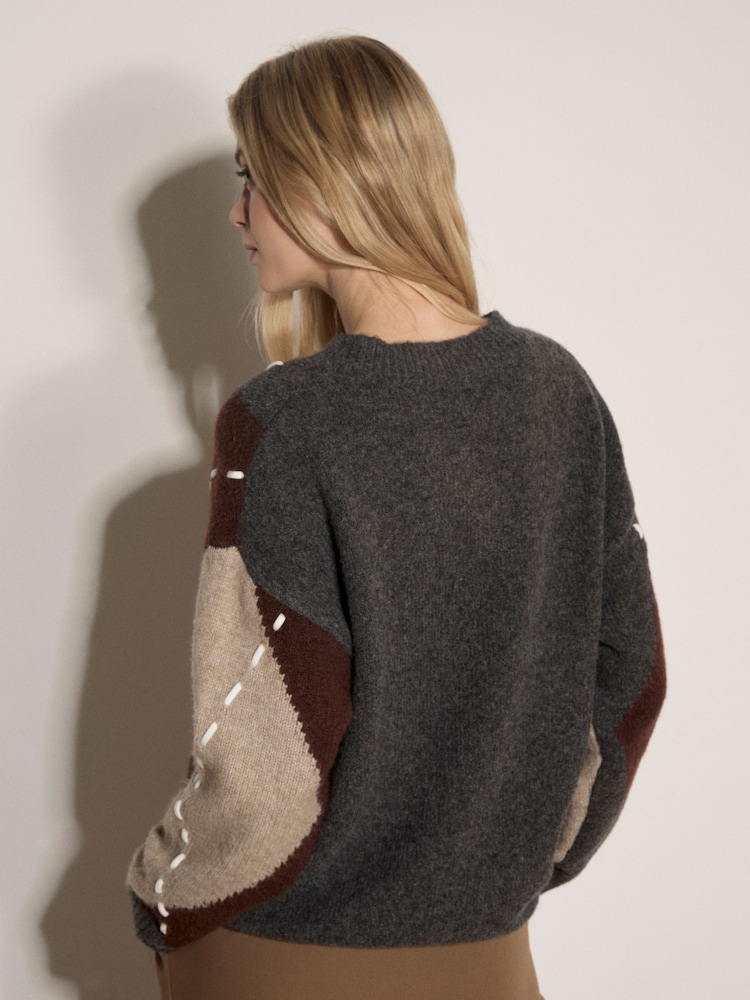 Apricot Grey Argyle Diamond Colour Block Jumper - Image 2 of 4 Apricot Grey Argyle Diamond Colour Block Jumper - Image 2 of 4