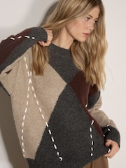 Apricot Grey Argyle Diamond Colour Block Jumper - Image 4 of 4