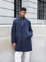Navy Blue Wool Blend Mock Gilet Smart Epsom Overcoat - Image 1 of 9