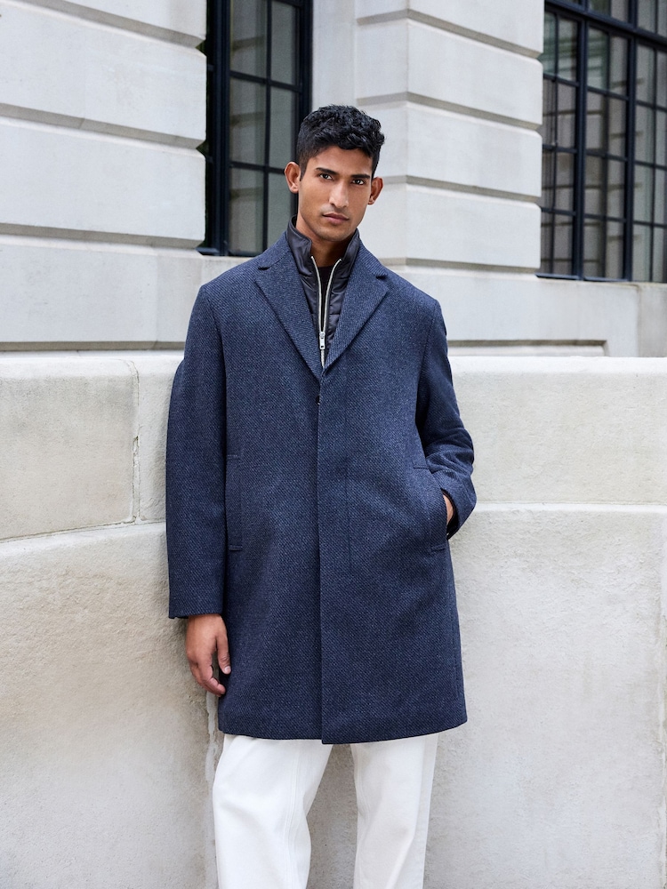 Navy Blue Wool Blend Mock Gilet Smart Epsom Overcoat - Image 1 of 9