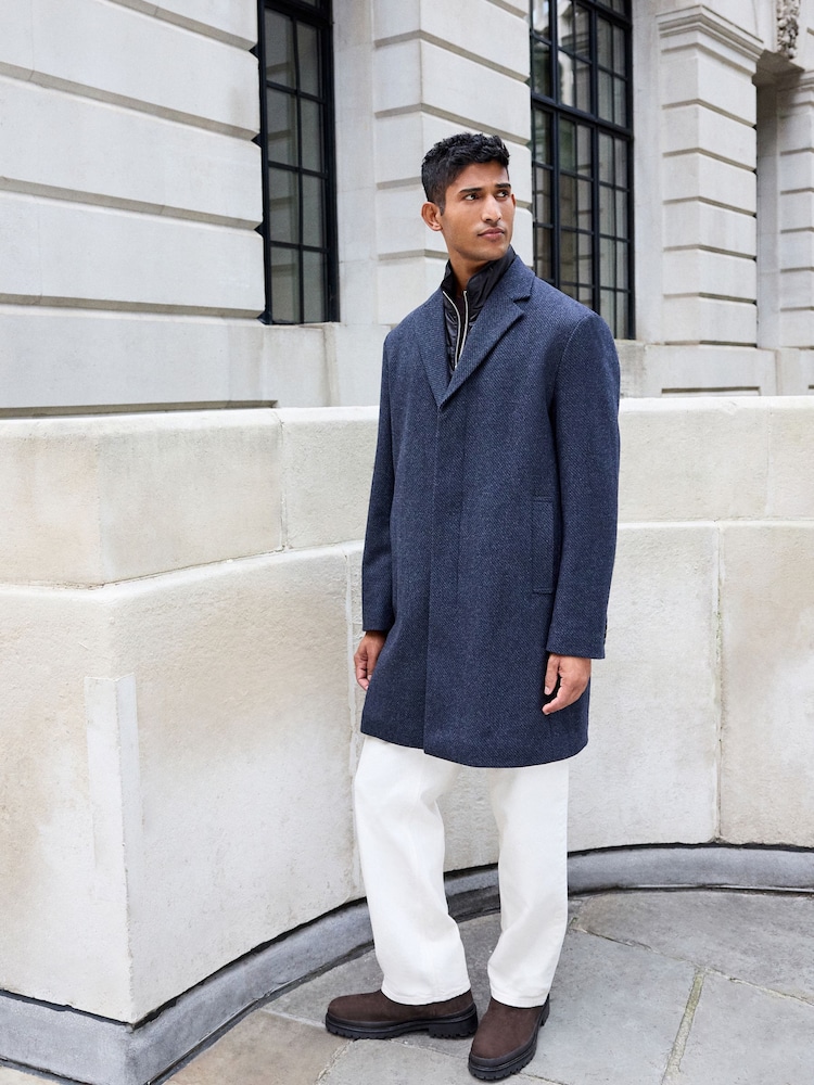 Navy Blue Wool Blend Mock Gilet Smart Epsom Overcoat - Image 2 of 9
