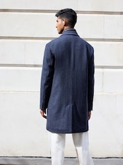 Navy Blue Wool Blend Mock Gilet Smart Epsom Overcoat - Image 3 of 9