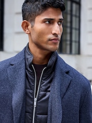 Navy Blue Wool Blend Mock Gilet Smart Epsom Overcoat - Image 4 of 9