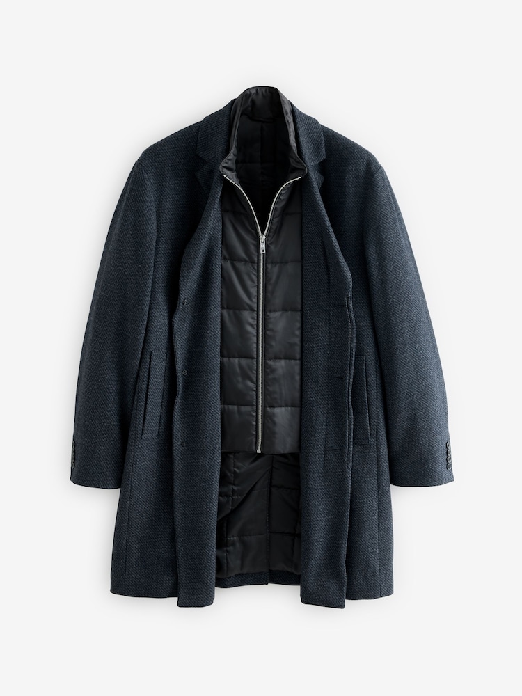 Navy Blue Wool Blend Mock Gilet Smart Epsom Overcoat - Image 6 of 9