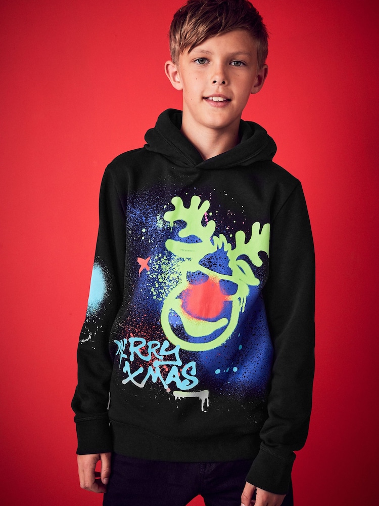 Graffiti-Schwarz - Weihnachts-Kapuzensweatshirt mit Rentiermotiv (3–16 Jahre) - Bild 1 von 5