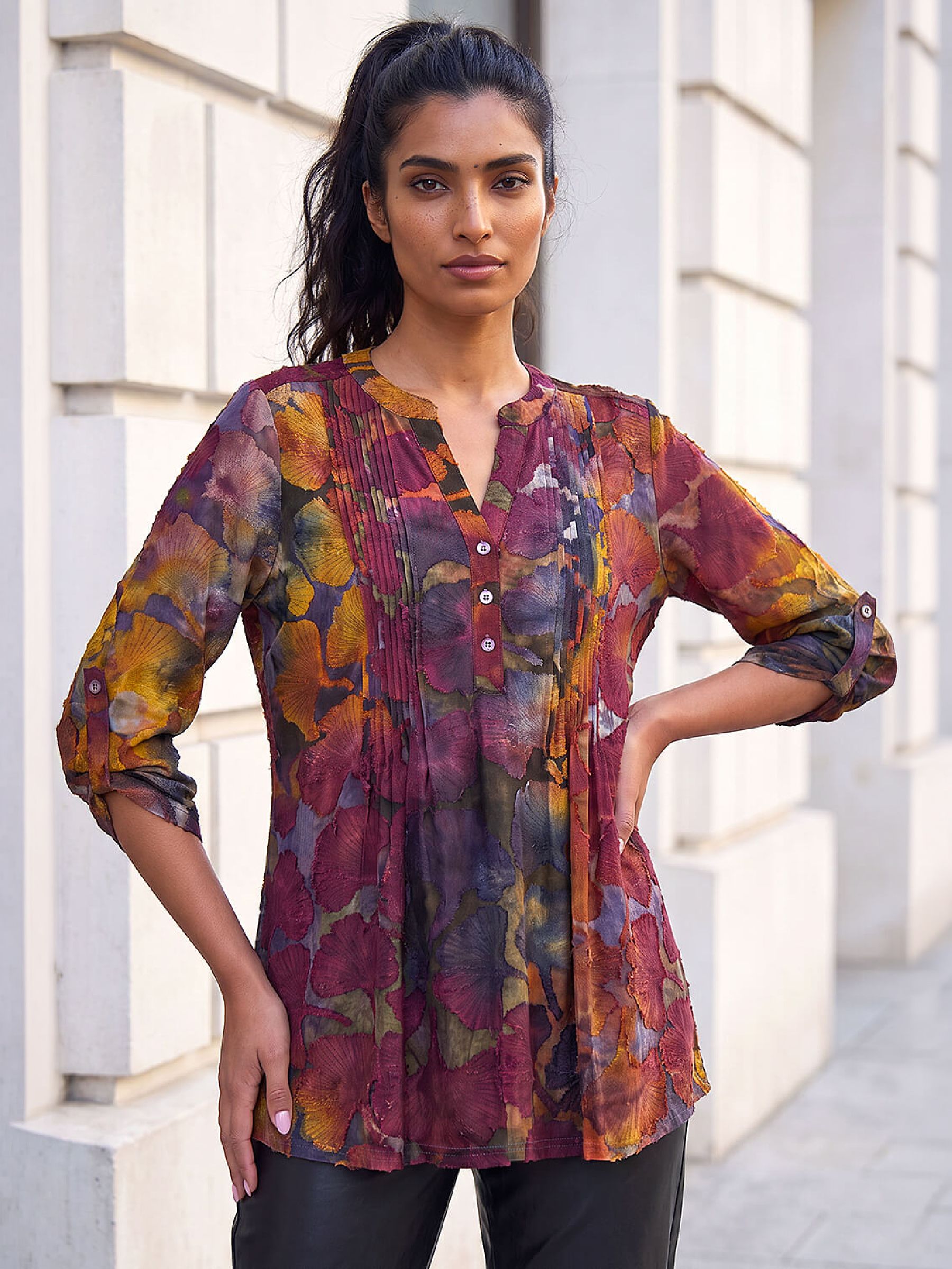 Roman Women's Burnout Pintuck Shirt in Orange | Size: 20 - Image 2