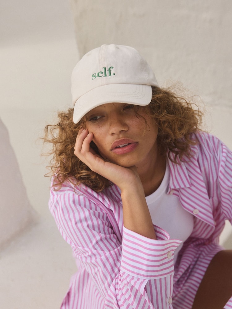 self. Ecru/Green 100% Cotton Cap - Image 1 of 7 self. Ecru/Green 100% Cotton Cap - Image 1 of 7