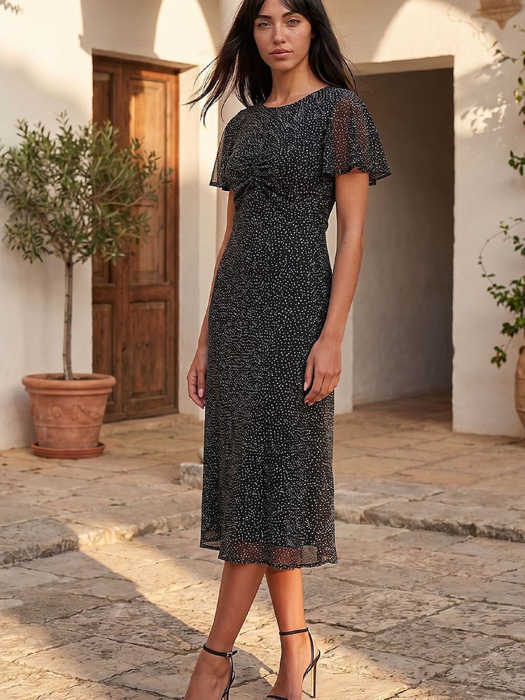 Roman Black Petite Studded Mesh Midi Dress - Image 2 of 4