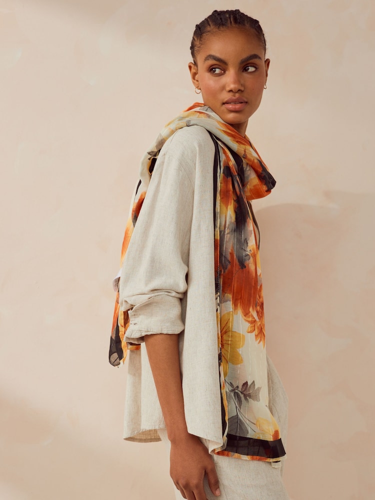 Orange Floral With Sparkle Lightweight Scarf - Image 1 of 6