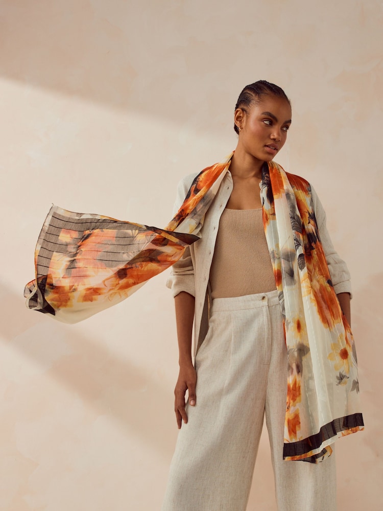 Orange Floral With Sparkle Lightweight Scarf - Image 2 of 6