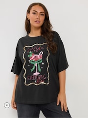 Yours Curve Black Sugar Spice & Everything Nice Sequin Relaxed T-Shirt - Image 1 of 6