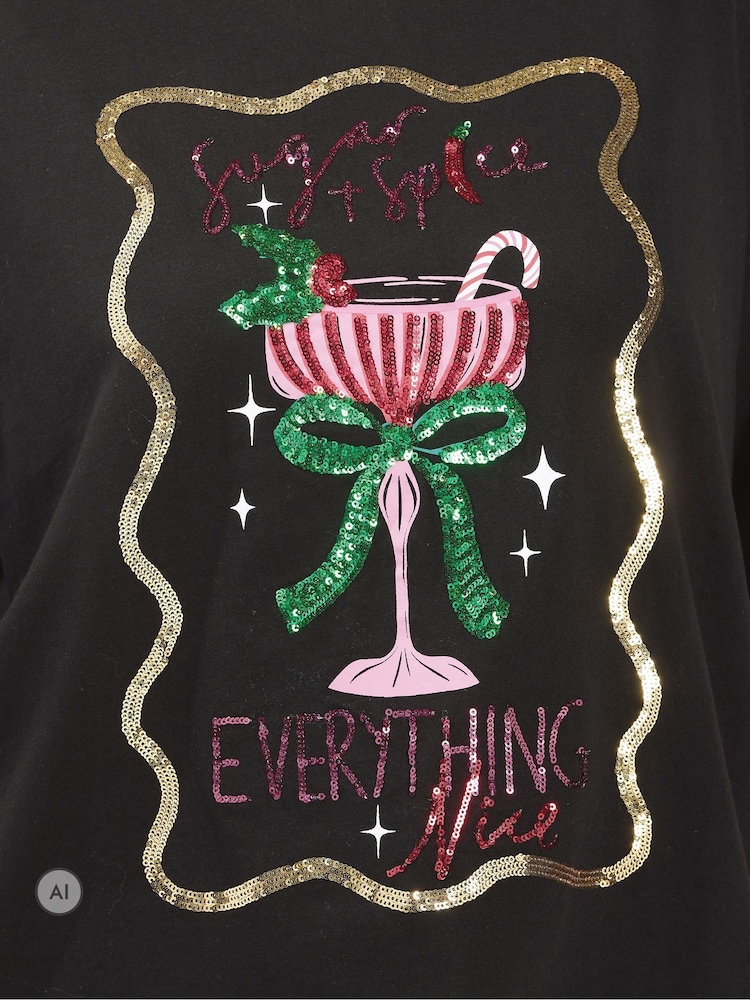 Yours Curve Black Sugar Spice & Everything Nice Sequin Relaxed T-Shirt - Image 6 of 6 Yours Curve Black Sugar Spice & Everything Nice Sequin Relaxed T-Shirt - Image 6 of 6