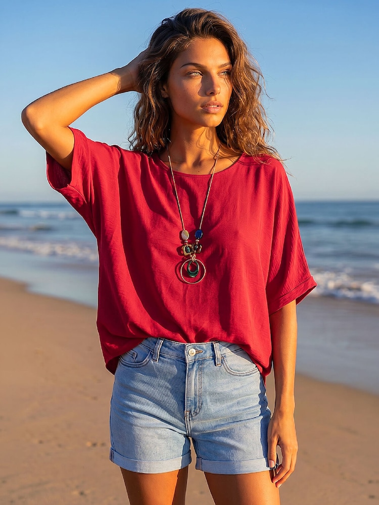 Rojo - Túnica Roman lisa con collar - Imagen 2 de 4