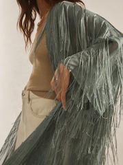 Sage Green Longline Fringe Cover-Up - Image 3 of 8
