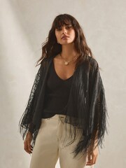 Black Fringe Short Kimono Cover-Up - Image 1 of 6