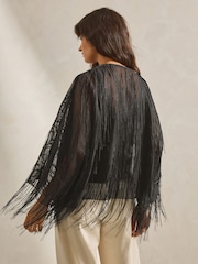 Black Fringe Short Kimono Cover-Up - Image 2 of 6