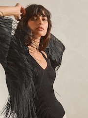 Black Fringe Short Kimono Cover-Up - Image 3 of 6