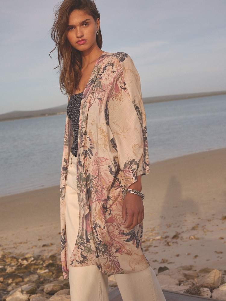 Blush Pink Placement Floral Longline Kimono Cover-Up - Image 1 of 6 Blush Pink Placement Floral Longline Kimono Cover-Up - Image 1 of 6