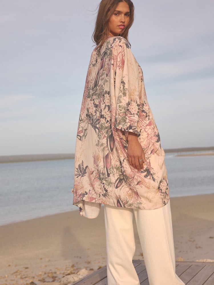 Blush Pink Placement Floral Longline Kimono Cover-Up - Image 2 of 6 Blush Pink Placement Floral Longline Kimono Cover-Up - Image 2 of 6