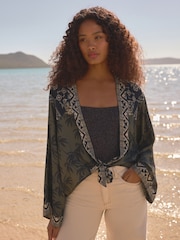 Khaki Green Palm Tie Front Kimono Cover-Up - Image 1 of 5