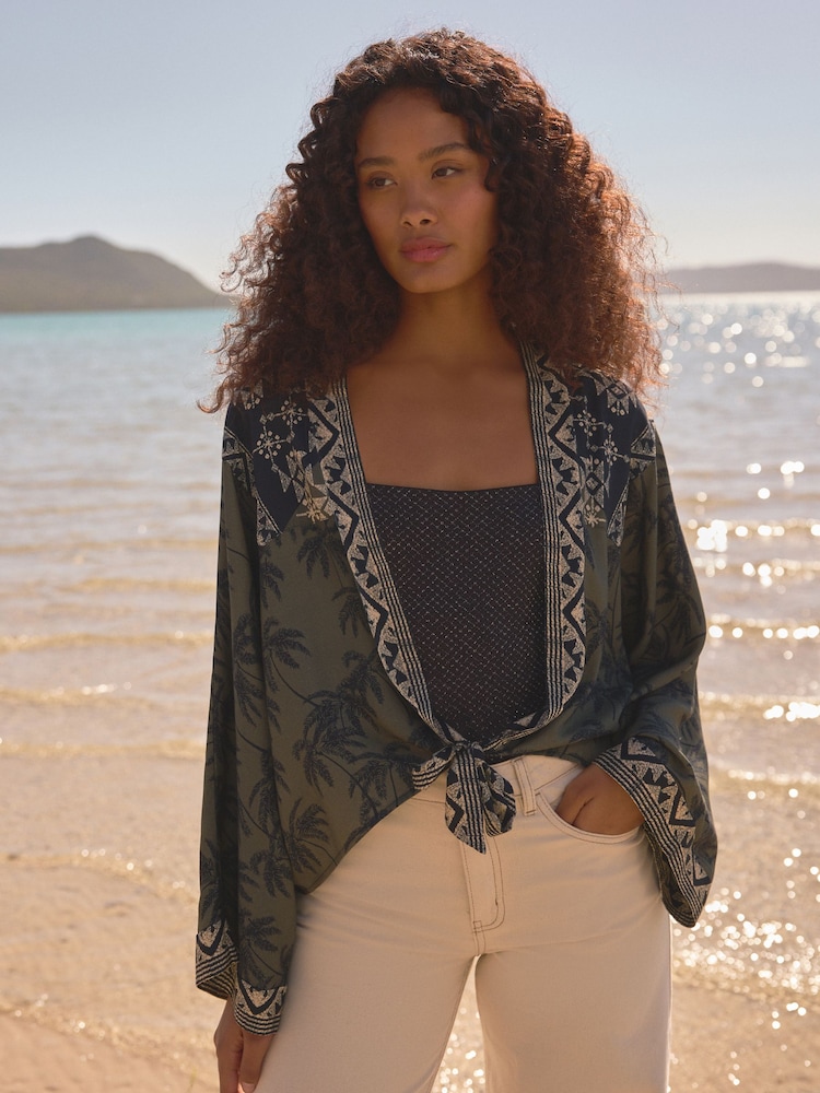 Khaki Green Palm Tie Front Kimono Cover-Up - Image 1 of 5