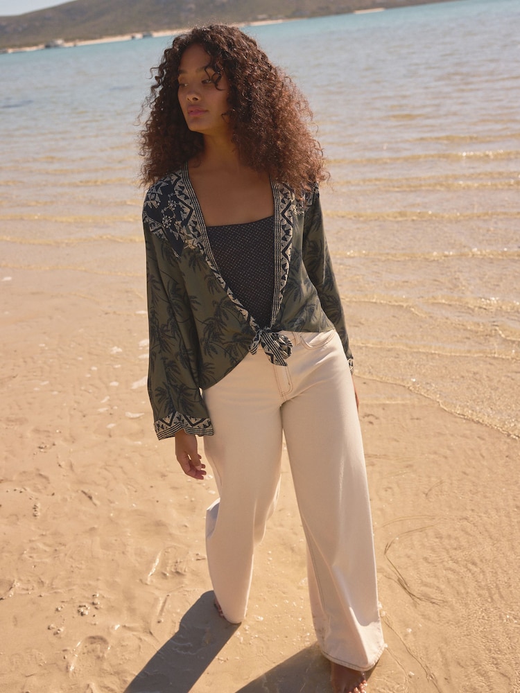 Khaki Green Palm Tie Front Kimono Cover-Up - Image 2 of 5