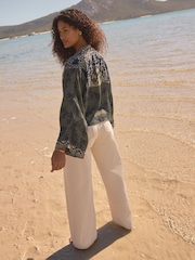 Khaki Green Palm Tie Front Kimono Cover-Up - Image 3 of 5