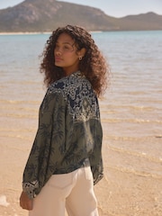 Khaki Green Palm Tie Front Kimono Cover-Up - Image 4 of 5