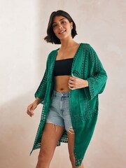Green Crochet Longline Kimono Cover-Up - Image 1 of 6