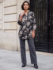 Roman Black Floral Print Buttoned Longline Top - Image 2 of 4