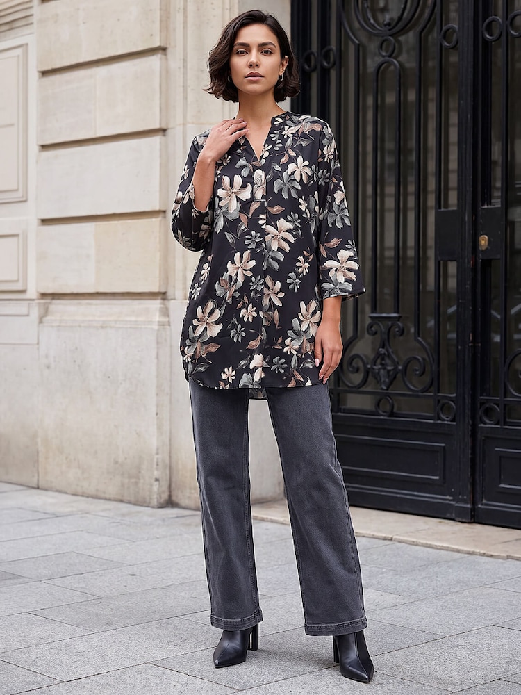 Roman Black Floral Print Buttoned Longline Top - Image 2 of 4 Roman Black Floral Print Buttoned Longline Top - Image 2 of 4