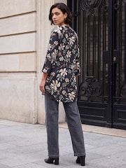 Roman Black Floral Print Buttoned Longline Top - Image 3 of 4