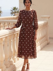 Roman Brown Spot Print Chiffon Pleated Midi Dress - Image 2 of 4