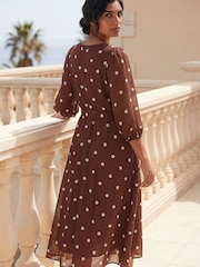 Roman Brown Spot Print Chiffon Pleated Midi Dress - Image 3 of 4