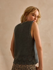 Washed Black Button Front Crochet 100% Cotton Waistcoat - Image 4 of 7