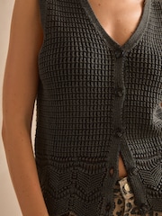 Washed Black Button Front Crochet 100% Cotton Waistcoat - Image 5 of 7