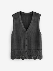 Washed Black Button Front Crochet 100% Cotton Waistcoat - Image 6 of 7