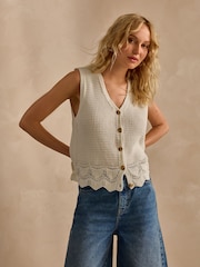 Ecru Button Front Crochet 100% Cotton Waistcoat - Image 2 of 6
